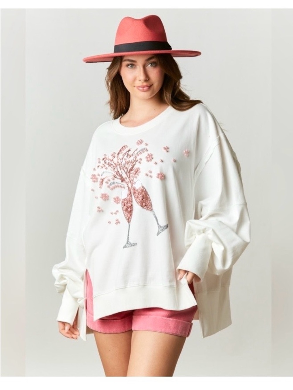 Fantastic Fawn New Oversized Beaded Champagne Celebration Sweatshirt Medium